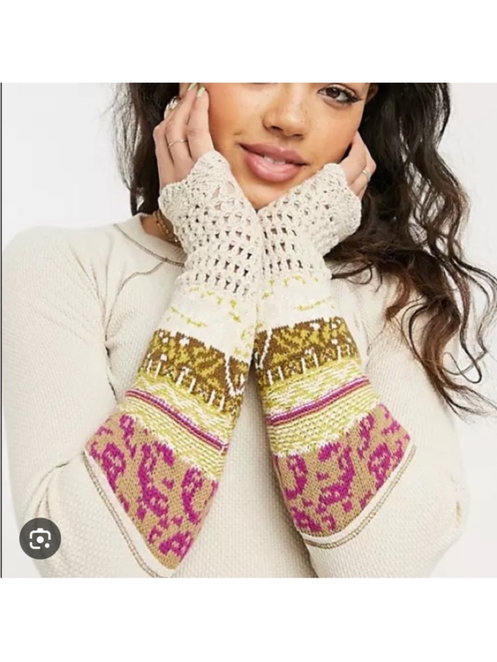 Free People In The Mix Cuff Thermal Top Cream Crochet Boho Size M